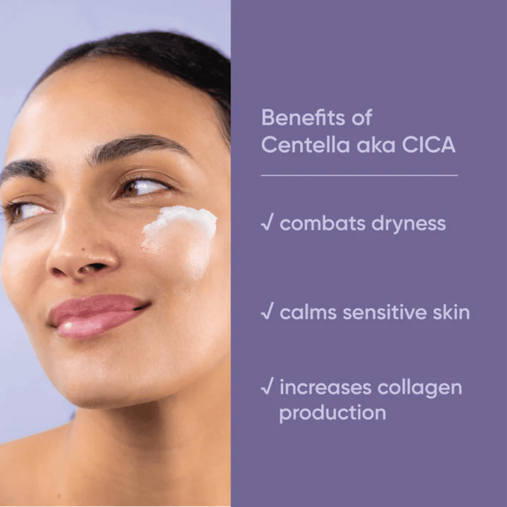 Persona aplicando crema facial, gráfico que muestra los beneficios de Centella Asiatica (CICA) en Clean It Zero Calming Cleansing Balm para piel seca, sensible y aumento de la producción de colágeno.