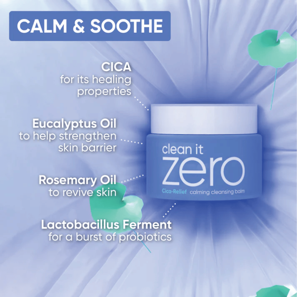 Imagen informativa para Clean It Zero Cica-Relief Calming Cleansing Balm que destaca ingredientes calmantes como CICA, aceite de eucalipto, aceite de romero y fermento de lactobacillus para una barrera cutánea fortalecida.