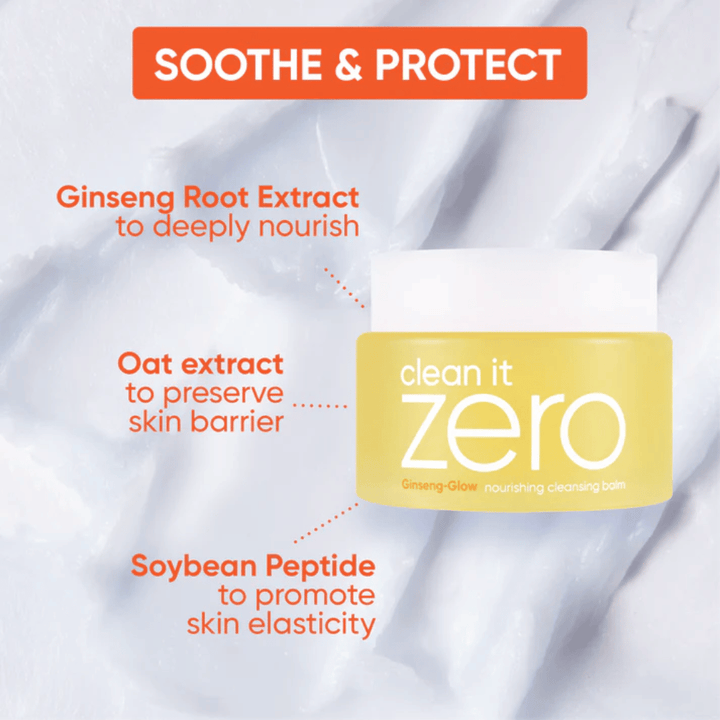 Clean It Zero Ginseng-Glow Cleansing Balm de BANILA CO con ginseng, extracto de avena y péptidos de soja, desarrollado para calmar, proteger y fortalecer la barrera de la piel mientras disuelve maquillaje y suciedad.