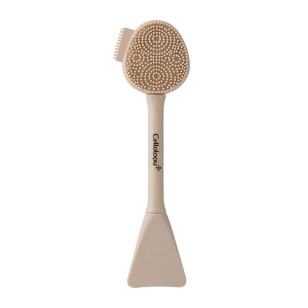 3. Cellolopy Cleaning Brush – cepillo facial beige con suaves cerdas de silicona y espátula para aplicar mascarillas faciales