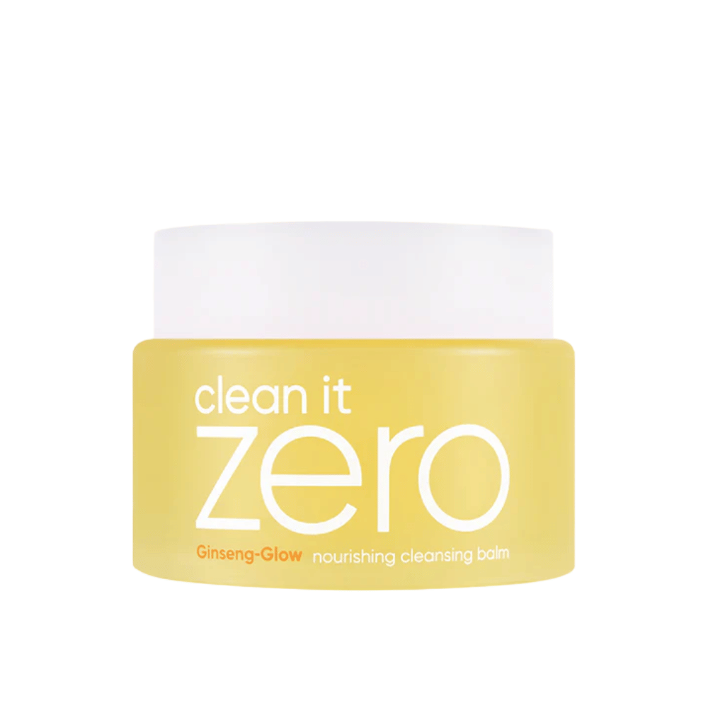 Clean It Zero Ginseng-Glow Nourishing Cleansing Balm en tarro amarillo sobre fondo blanco, un bálsamo de limpieza hidratante de BANILA CO que elimina eficazmente maquillaje e impurezas.