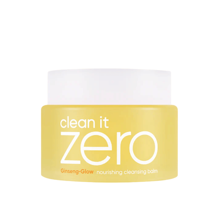 Clean It Zero Ginseng-Glow Nourishing Cleansing Balm en tarro amarillo sobre fondo blanco, un bálsamo de limpieza hidratante de BANILA CO que elimina eficazmente maquillaje e impurezas.
