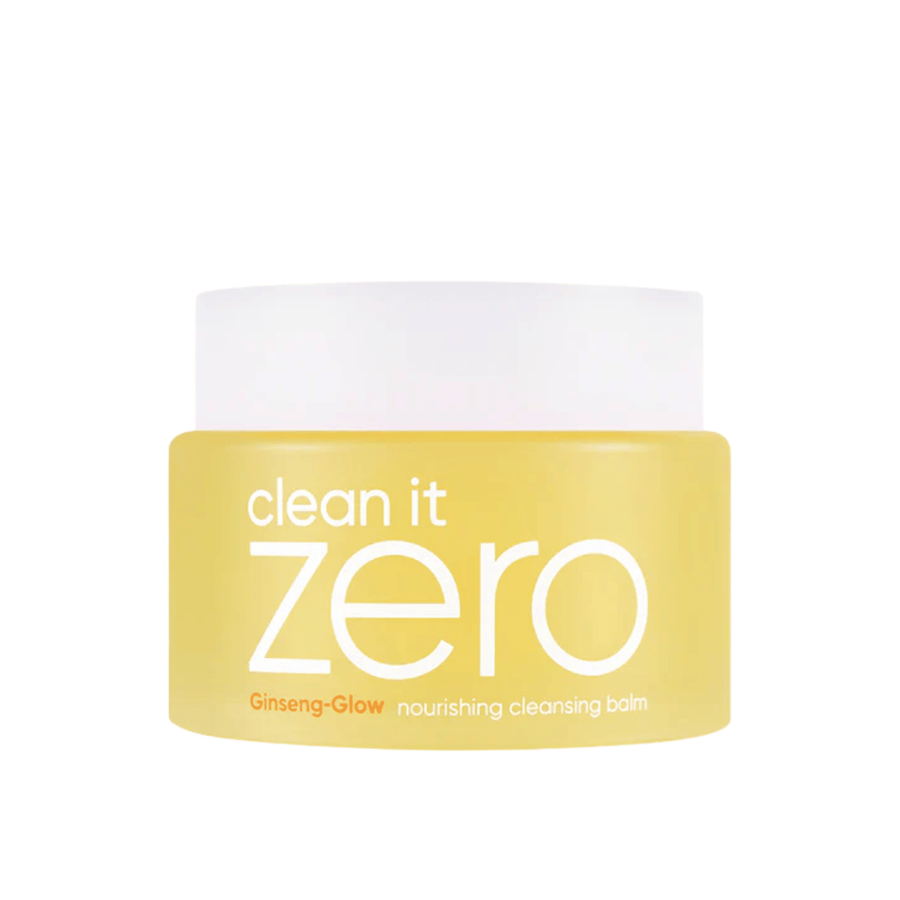 Clean It Zero Ginseng-Glow Nourishing Cleansing Balm en tarro amarillo sobre fondo blanco, un bálsamo de limpieza hidratante de BANILA CO que elimina eficazmente maquillaje e impurezas.