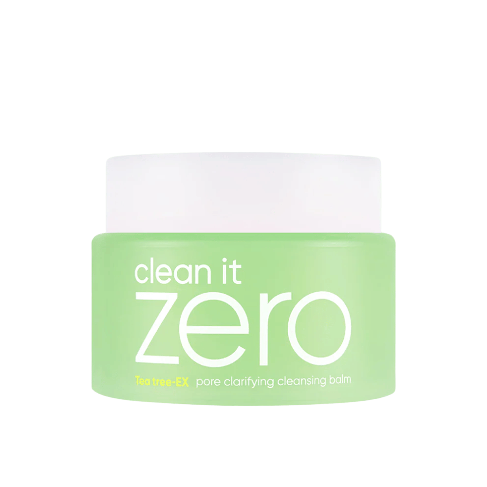 Clean It Zero Tea Tree-EX Pore Clarifying Cleansing Balm en un frasco verde sobre fondo blanco, diseñado para piel grasa y combinada que necesita limpieza equilibrante y purificante de poros.