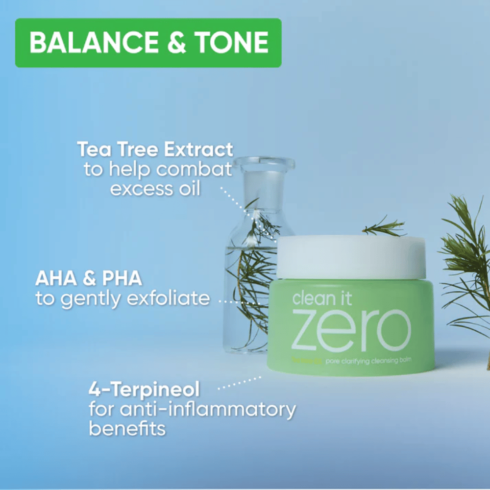 Clean It Zero Pore Clarifying Cleansing Balm con extracto de Tea Tree, AHA y PHA que equilibra la piel, reduce el exceso de aceite y exfolia suavemente para un tono de piel más claro.