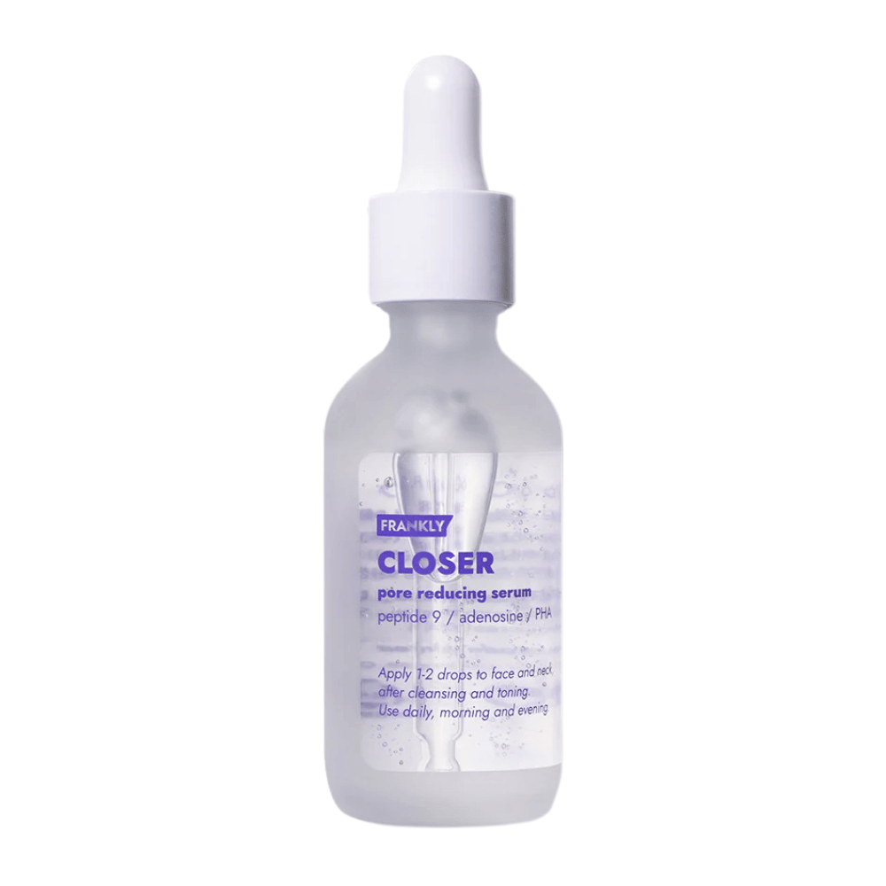 Imagen del producto de FRANKLY Closer Pore Reducing Serum en botella de vidrio con pipeta. Un suero que refina los poros y proporciona una piel más firme y clara.