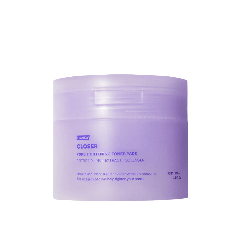 Imagen del producto de FRANKLY Closer Pore Tightening Toner Pads en frasco morado. Almohadillas de tónico con péptidos, extracto de arroz y colágeno para refinar poros.