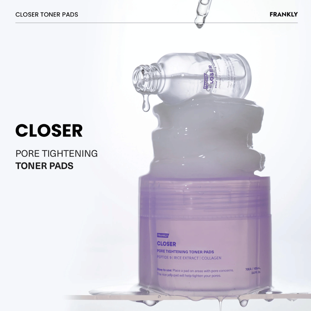 FRANKLY Closer Toner Pads con tónico que gotea. Muestra el producto lleno de esencia hidratante para refinar poros y refrescar la piel.