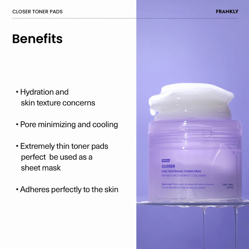 Frasco morado con FRANKLY Closer Toner Pads lleno de almohadillas delgadas e hidratantes. Texto describe beneficios como reducción de poros y efecto refrescante.