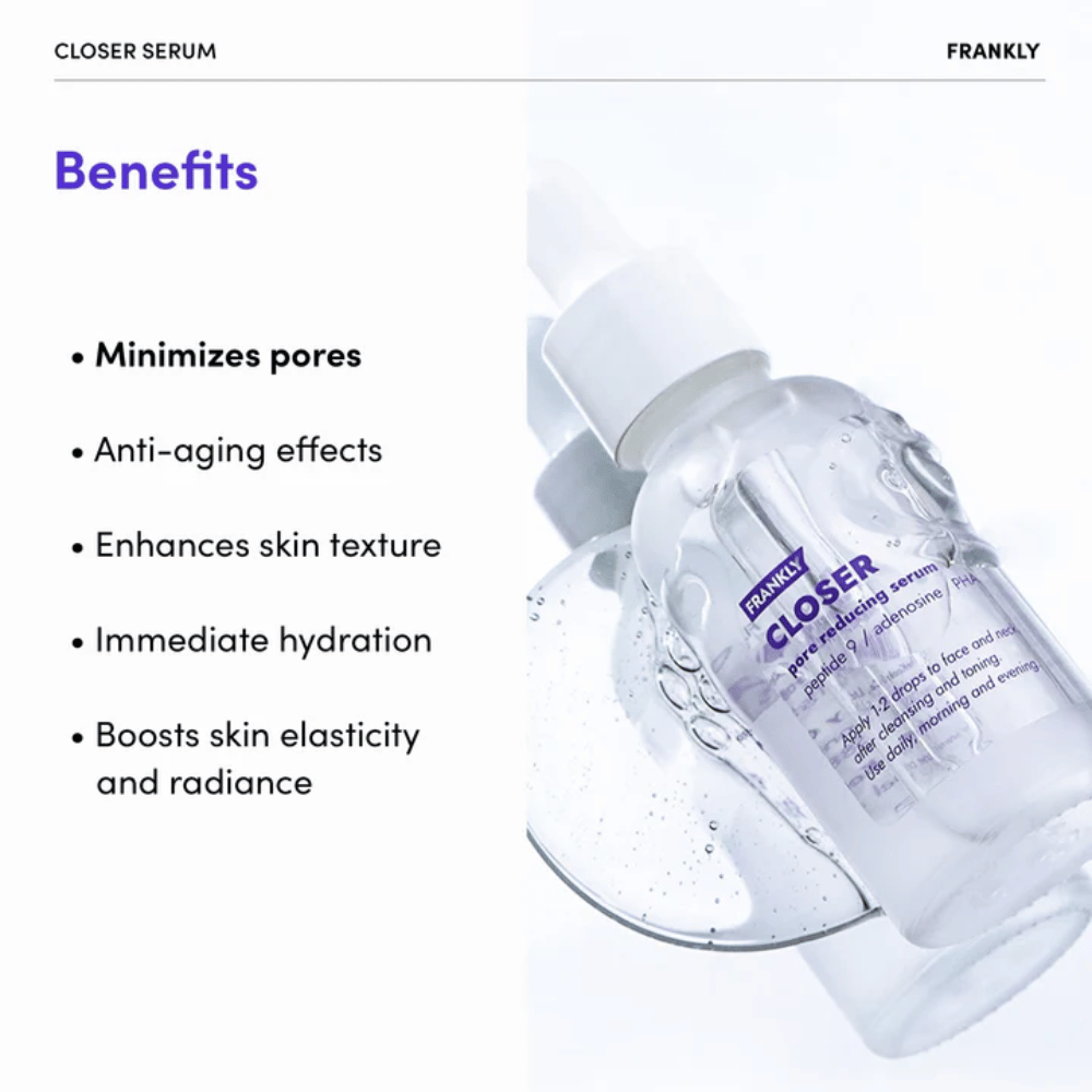 FRANKLY Closer Serum en botella transparente sobre superficie brillante. El texto destaca beneficios como poros minimizados, hidratación y mejora de la textura de la piel.