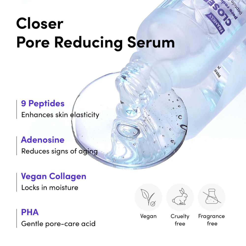 Primer plano de FRANKLY Closer Pore Reducing Serum con ingredientes: 9 péptidos, adenosina, colágeno vegano y PHA. Fórmula vegana y cruelty-free.