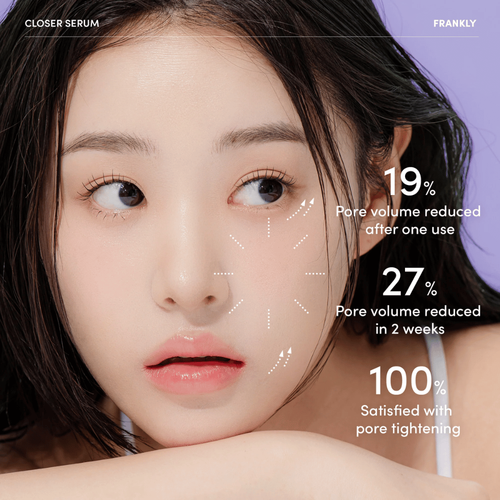 Mujer con FRANKLY Closer Serum muestra resultados: 19 % de reducción de poros después de un uso, 27 % en dos semanas, 100 % satisfechos con la reducción de poros.