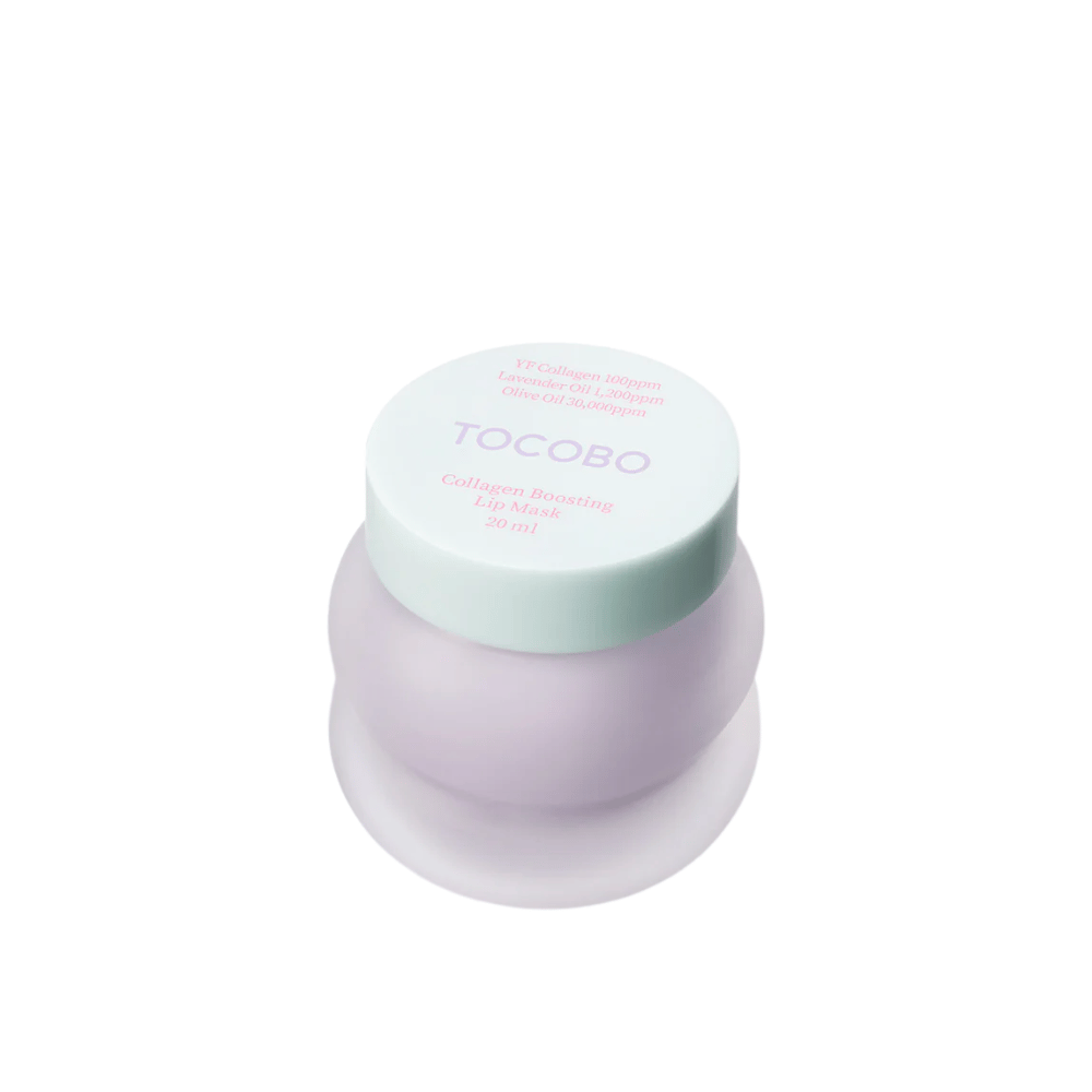 Primer plano de un frasco cerrado TOCOBO Collagen Boosting Lip Mask con tapa verde menta sobre fondo blanco.