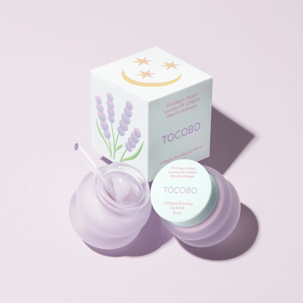 TOCOBO Collagen Boosting Lip Mask con empaque decorado con lavanda y símbolos de luna.