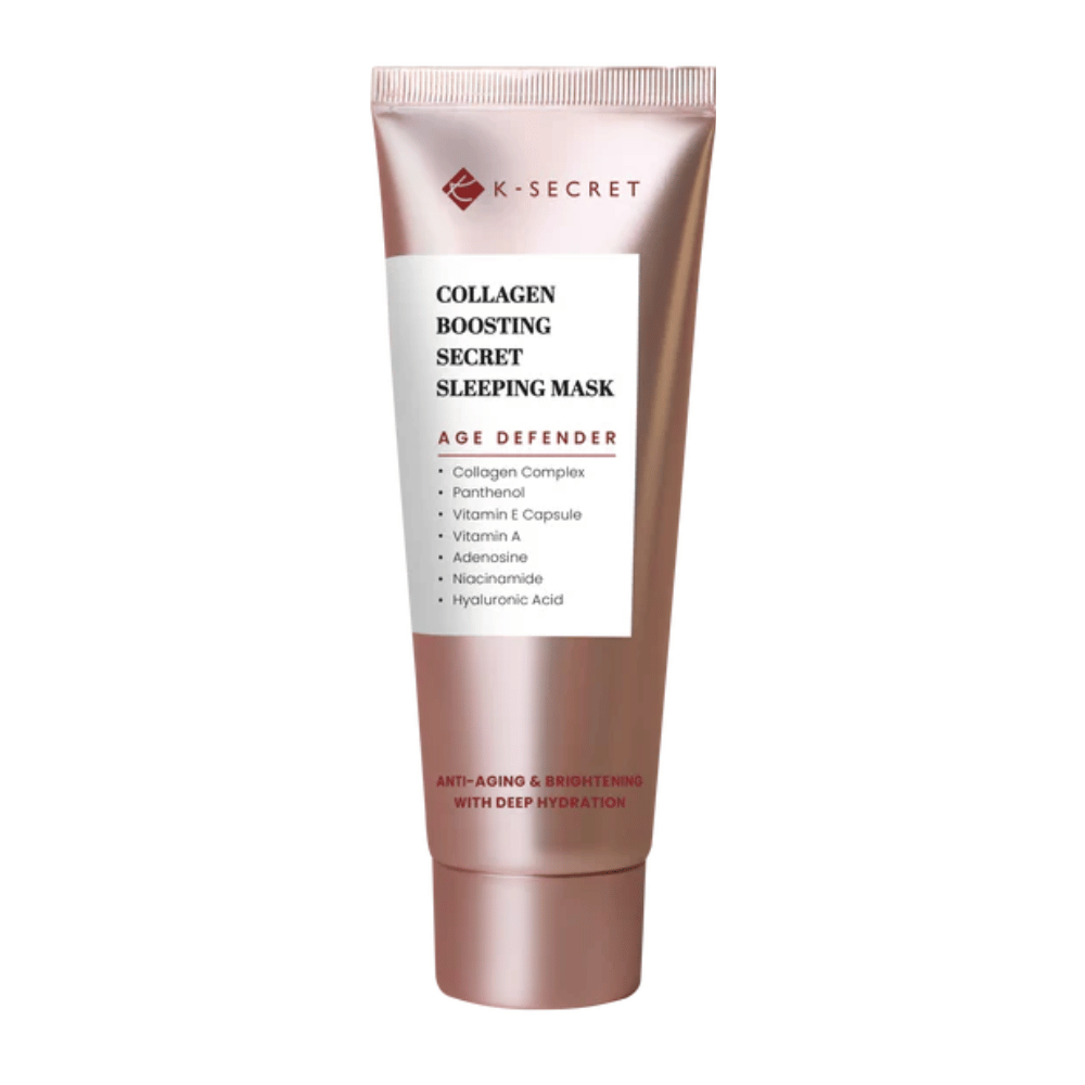 Imagen del producto de K-SECRET Collagen Boosting Secret Sleeping Mask en un tubo de color oro rosado con texto que resalta anti-envejecimiento, hidratación e ingredientes como colágeno, pantenol y ácido hialurónico.