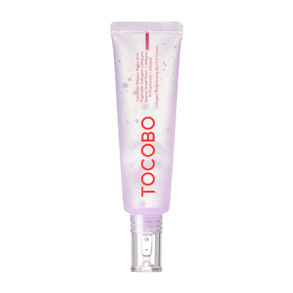 El producto en la imagen es "Collagen Brightening Eye Gel Cream" de TOCOBO. Es un gel para ojos en un tubo morado con puntos blancos, diseñado para iluminar y mejorar la apariencia de la piel alrededor de los ojos.