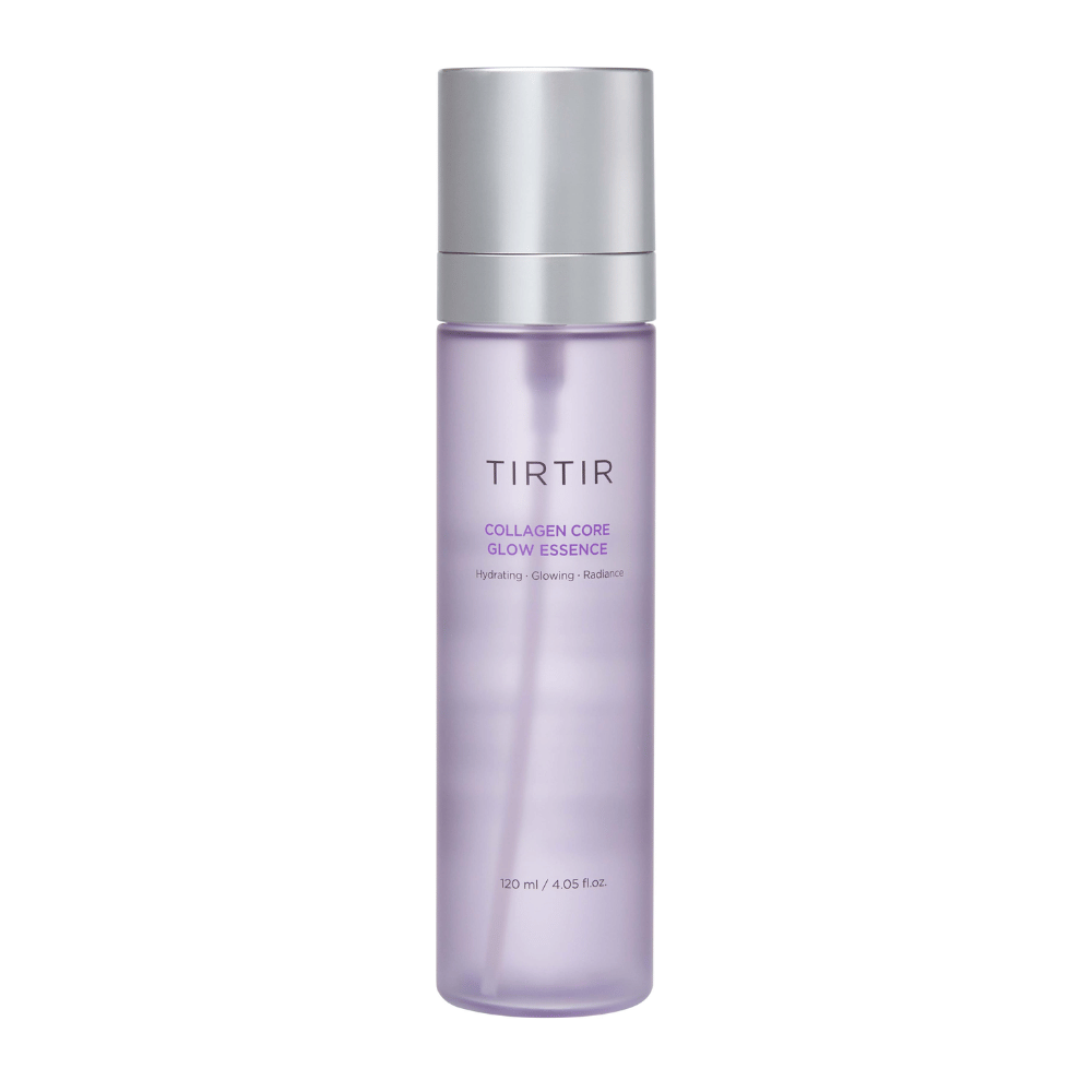 Imagen del producto de TIRTIR Collagen Core Glow Essence – una esencia que aporta luminosidad en una botella lila elegante que hidrata y mejora la elasticidad de la piel.