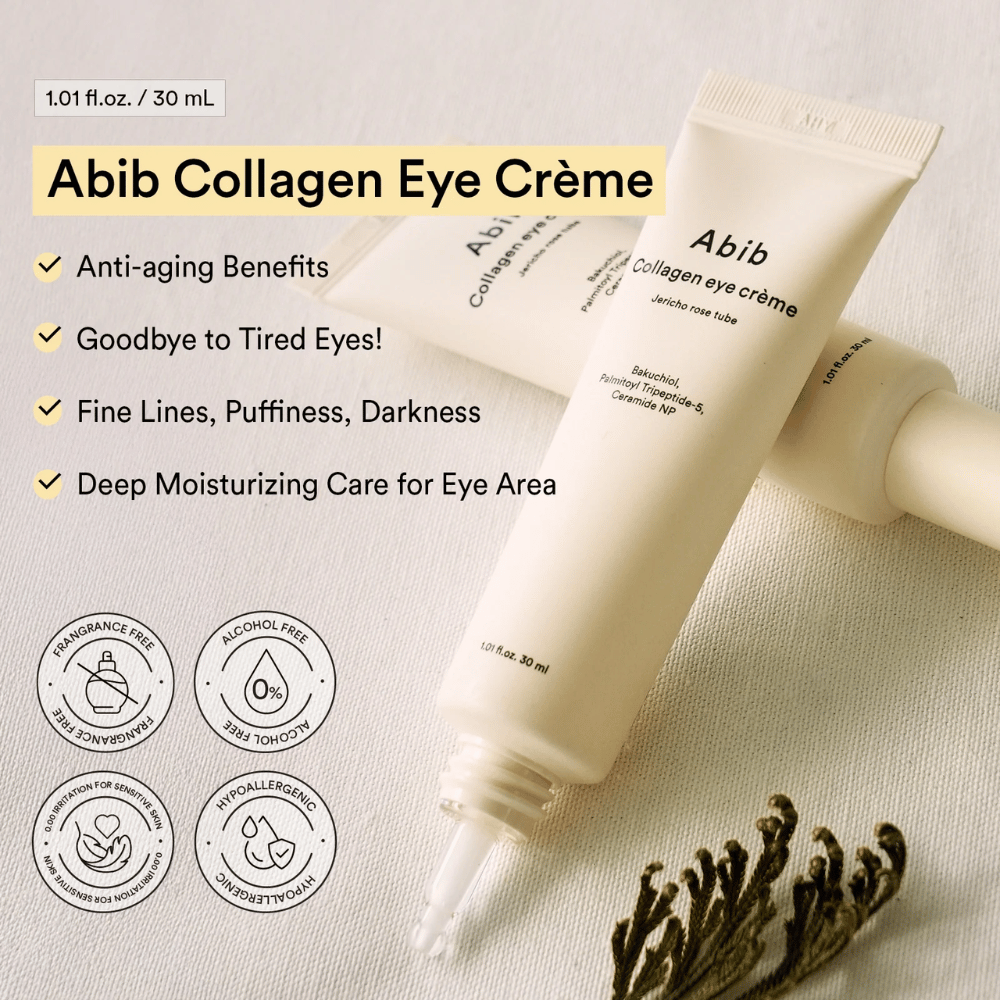 Abib Collagen Eye Crème con texto sobre antienvejecimiento e hidratación intensa para el área de los ojos. Libre de alcohol, perfume e hipoalergénico.