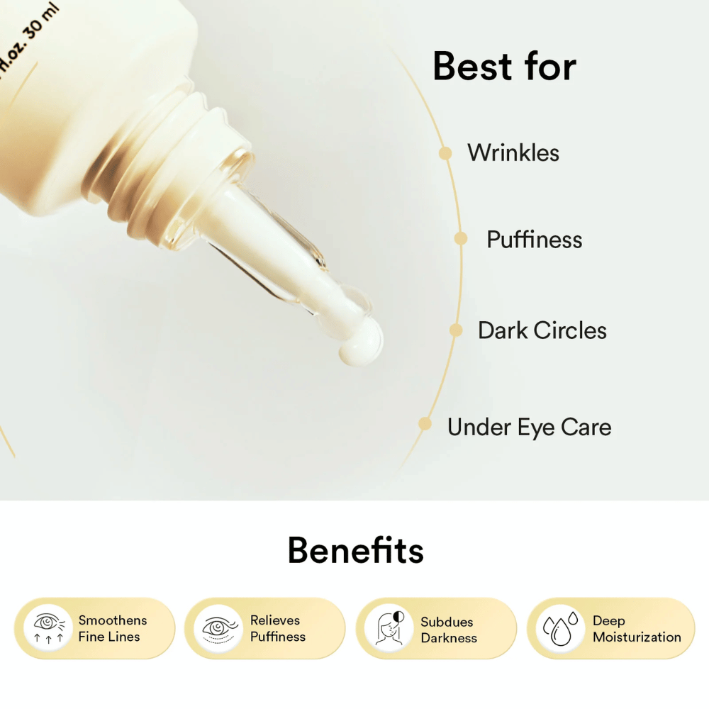 Imagen de gotas de crema similar a un suero. Mejora arrugas, hinchazón y ojeras bajo los ojos mientras hidrata profundamente.