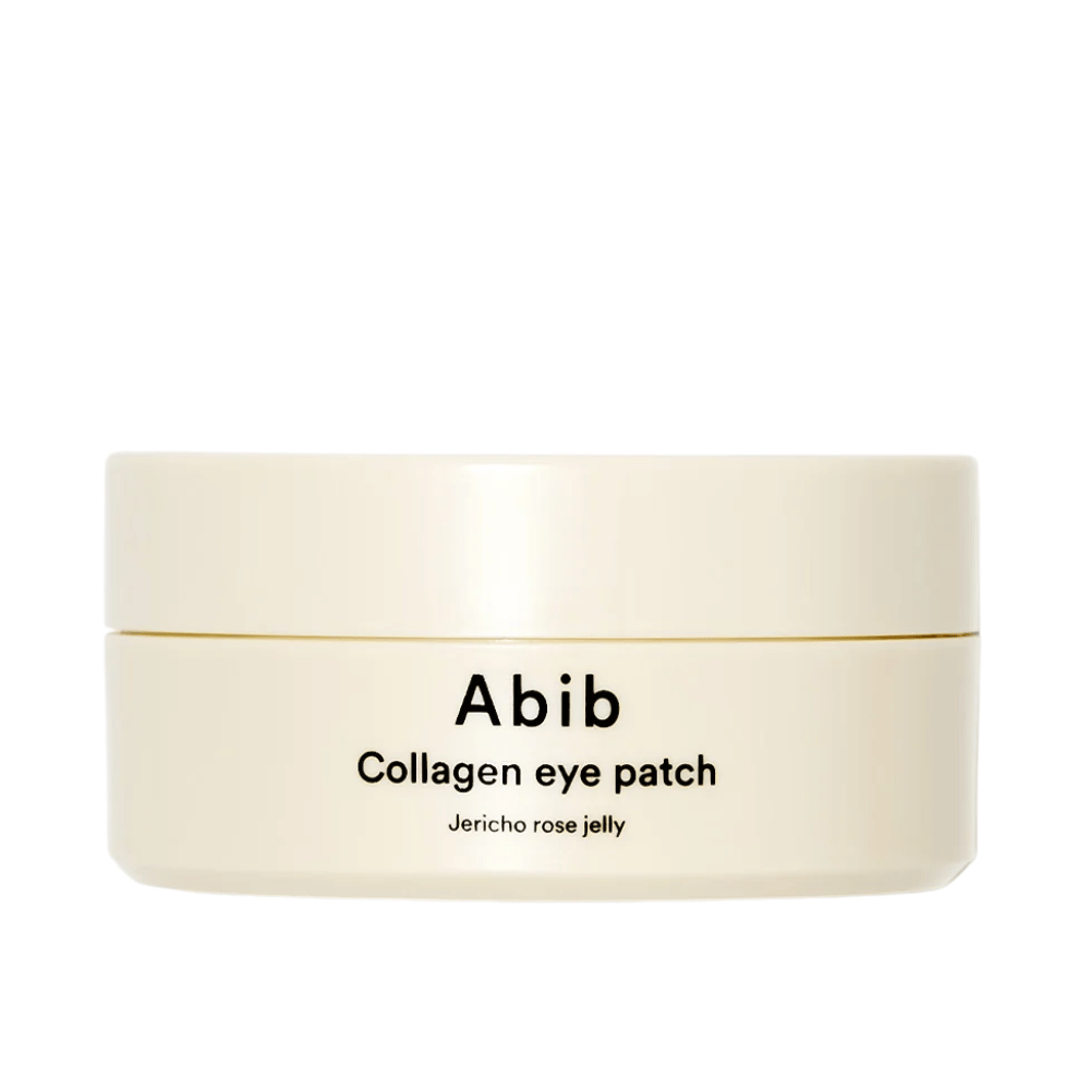 Empaque de Abib Collagen Eye Patch Jericho Rose Jelly – un frasco beige con texto negro, diseñado para cuidar el área debajo de los ojos con colágeno e ingredientes hidratantes.