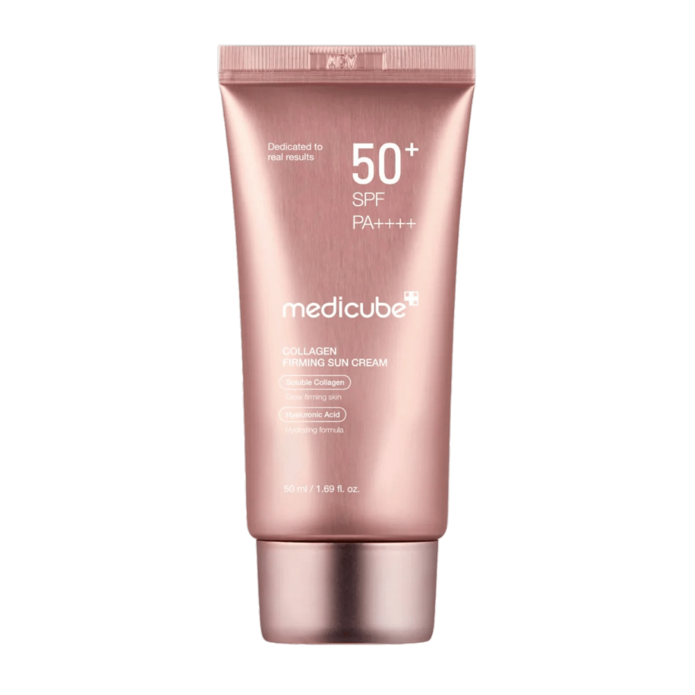 Medicube Collagen Firming Sun Cream SPF 50+ en tubo rosa dorado – protector solar con colágeno y ácido hialurónico que proporciona una piel más firme, hidratada y luminosa.