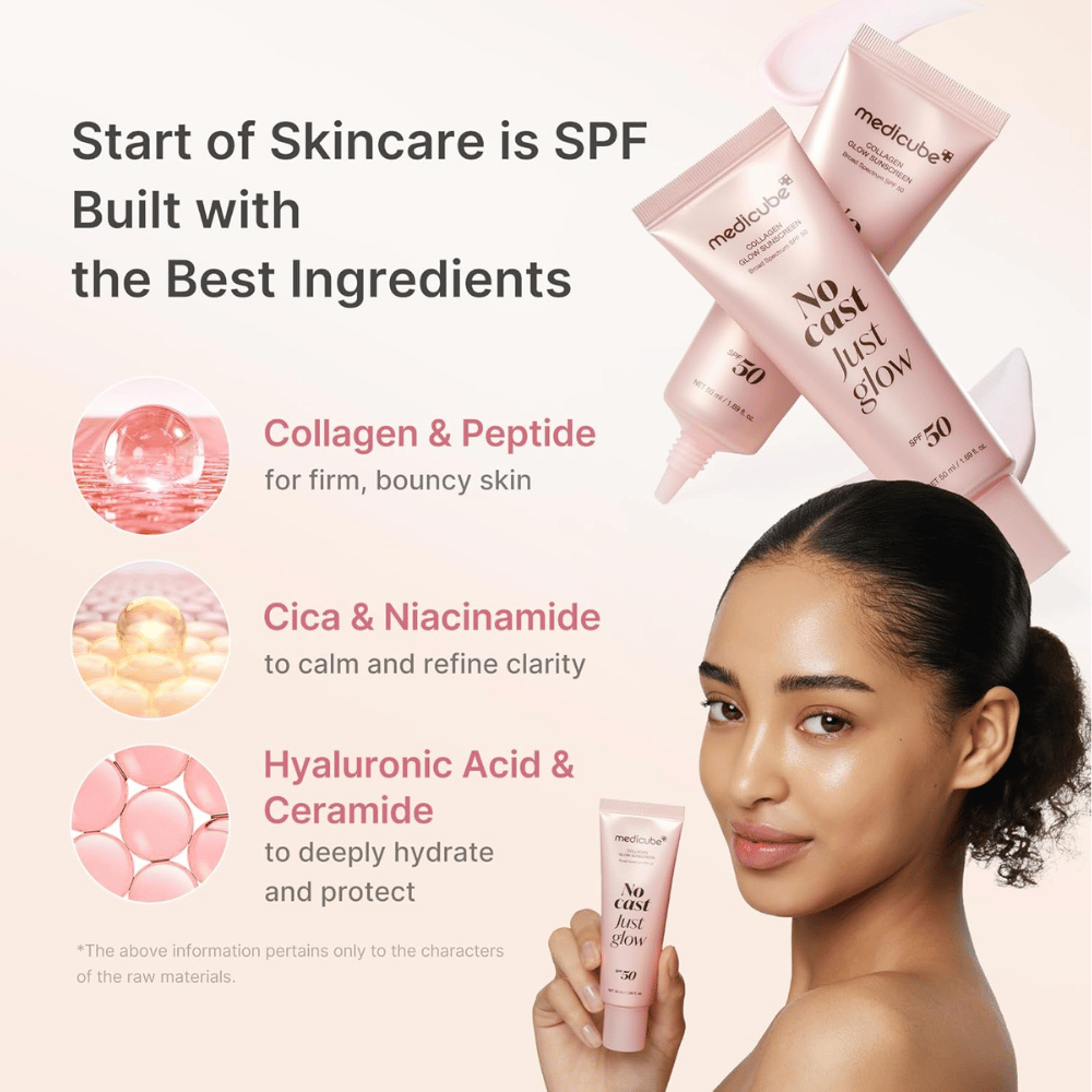 Medicube Collagen Glow Sunscreen SPF 50 con colágeno, péptidos, niacinamida y ácido hialurónico. La modelo sostiene el tubo rosa de protector solar.