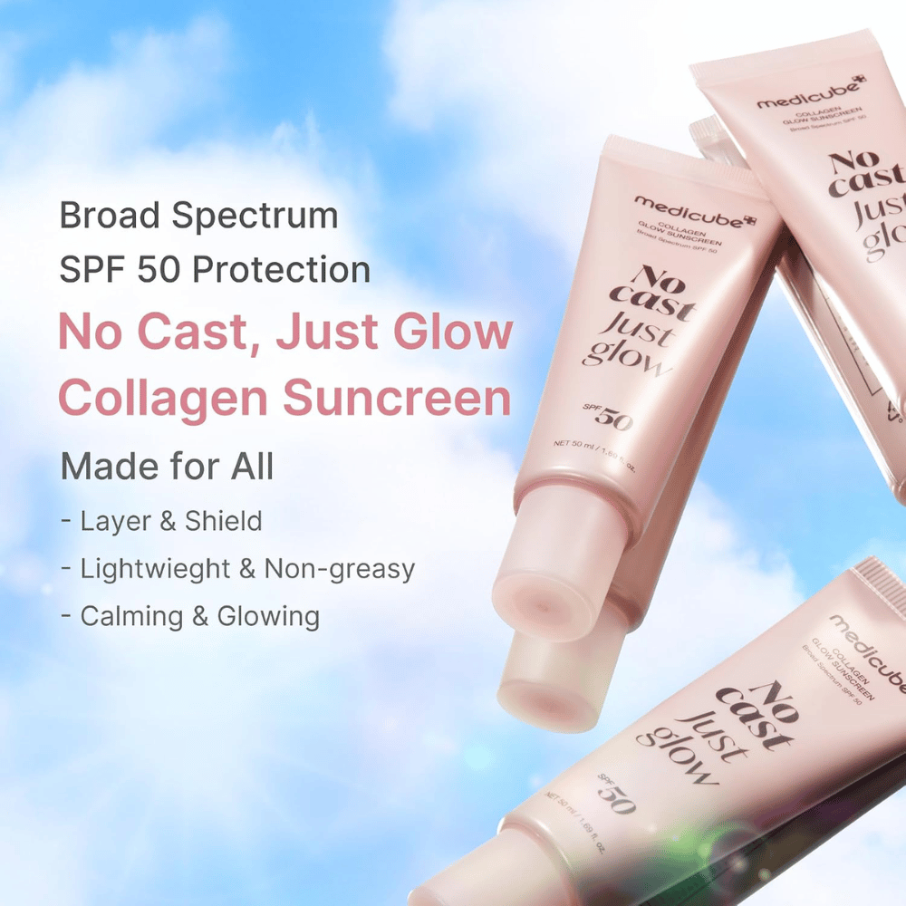 Medicube Collagen Glow Sunscreen SPF 50, protector solar ligero con efecto glow sin capa blanca. Tubos rosas de protector solar contra un cielo azul.