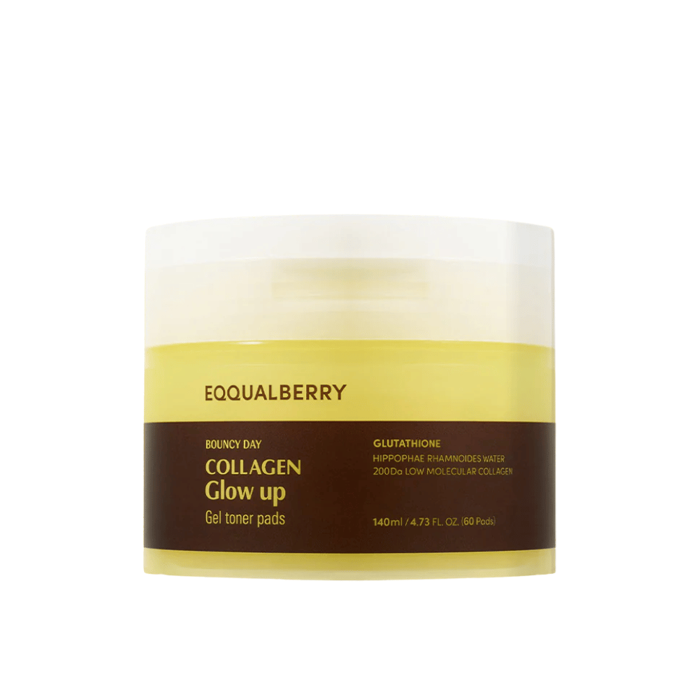 Bouncy Day Collagen Glow Up Gel Toner Pads, que contiene colágeno de baja masa molecular y glutatión, para mejorar la elasticidad de la piel y proporcionar un brillo juvenil. Empaque con 60 almohadillas.