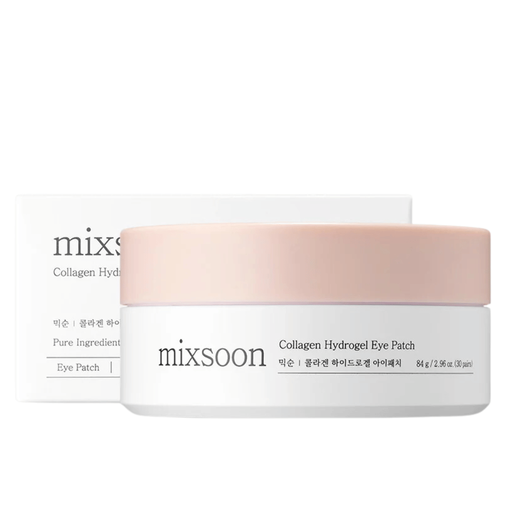 Imagen de Mixsoon Collagen Hydrogel Eye Patch, que muestra un frasco con tapa rosa y base blanca. El frasco contiene 84 g (30 pares) de parches para ojos. La caja es elegante y da una sensación de cuidado de la piel lujoso. El producto está diseñado para proporcionar humedad y nutrición a la piel debajo de los ojos.