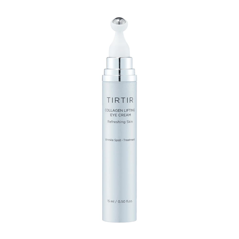 Tubo con TIRTIR Collagen Lifting Eye Cream contra un fondo limpio, diseñado para el cuidado refrescante de la piel.