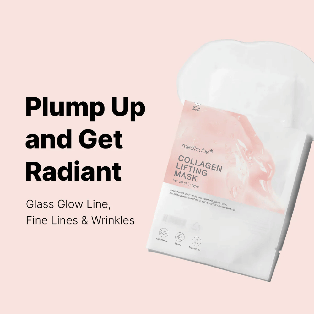 El empaque de "Medicube Collagen Lifting Mask," una mascarilla facial enfocada en rellenar la piel y dar un aspecto radiante. El producto está dirigido a todo tipo de piel y está diseñado para combatir las líneas finas y arrugas. El texto "Plump Up and Get Radiant" destaca las propiedades de la mascarilla, mientras que los elementos gráficos proporcionan una presentación moderna y atractiva.