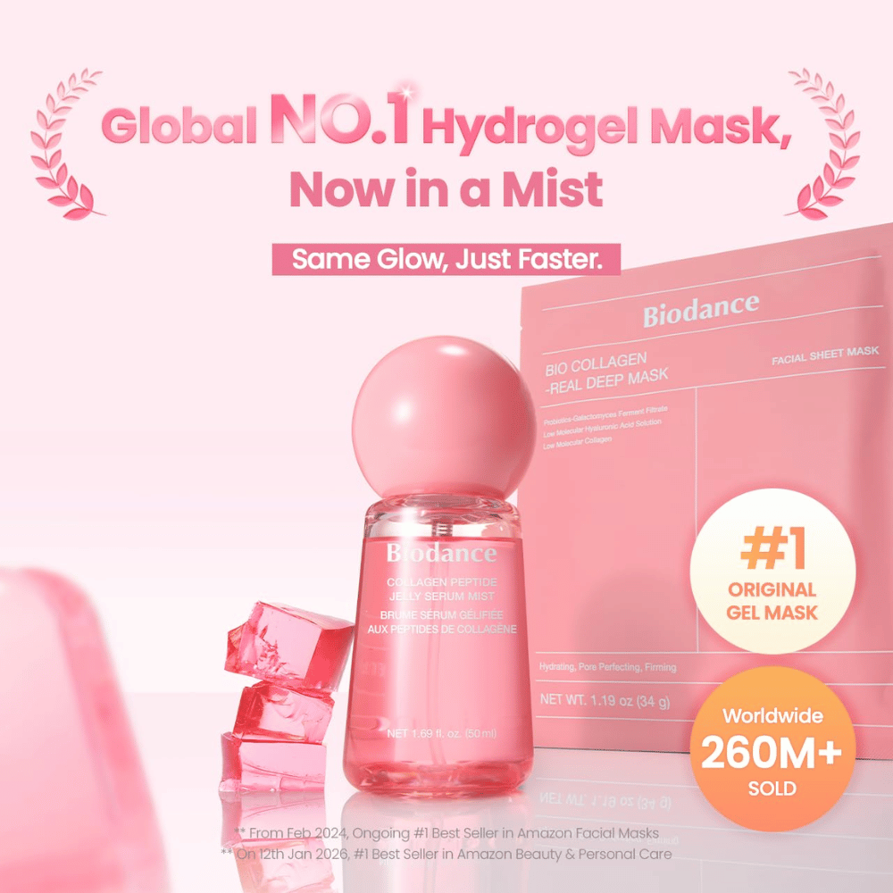 Biodance Collagen Peptide Jelly Serum Mist junto con Biodance Bio-Collagen Real Deep Mask – cuidado de la piel inspirado en hidrogel para glow e hidratación.