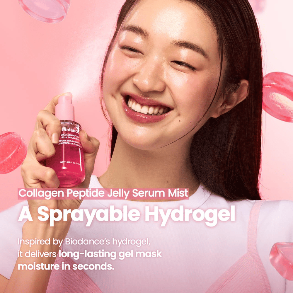 Biodance Collagen Peptide Jelly Serum Mist – bruma facial en spray inspirada en hidrogel para una hidratación rápida y duradera.