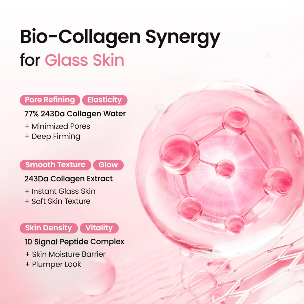 Biodance Collagen Peptide Jelly Serum Mist con 77% de agua de colágeno, extracto de colágeno y complejo de péptidos para luminosidad, firmeza e hidratación.