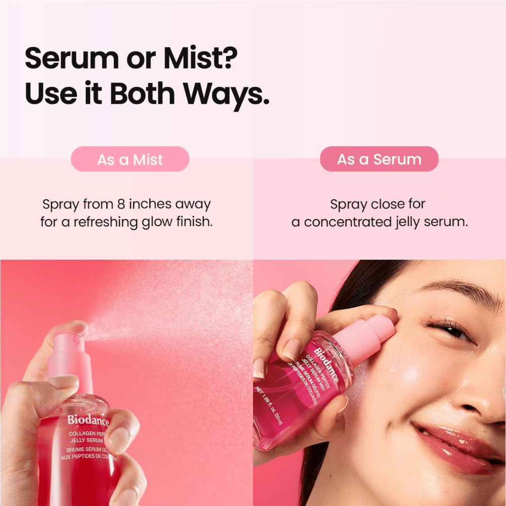 Biodance Collagen Peptide Jelly Serum Mist puede utilizarse tanto como bruma facial como sérum para hidratación y un acabado fresco y luminoso.