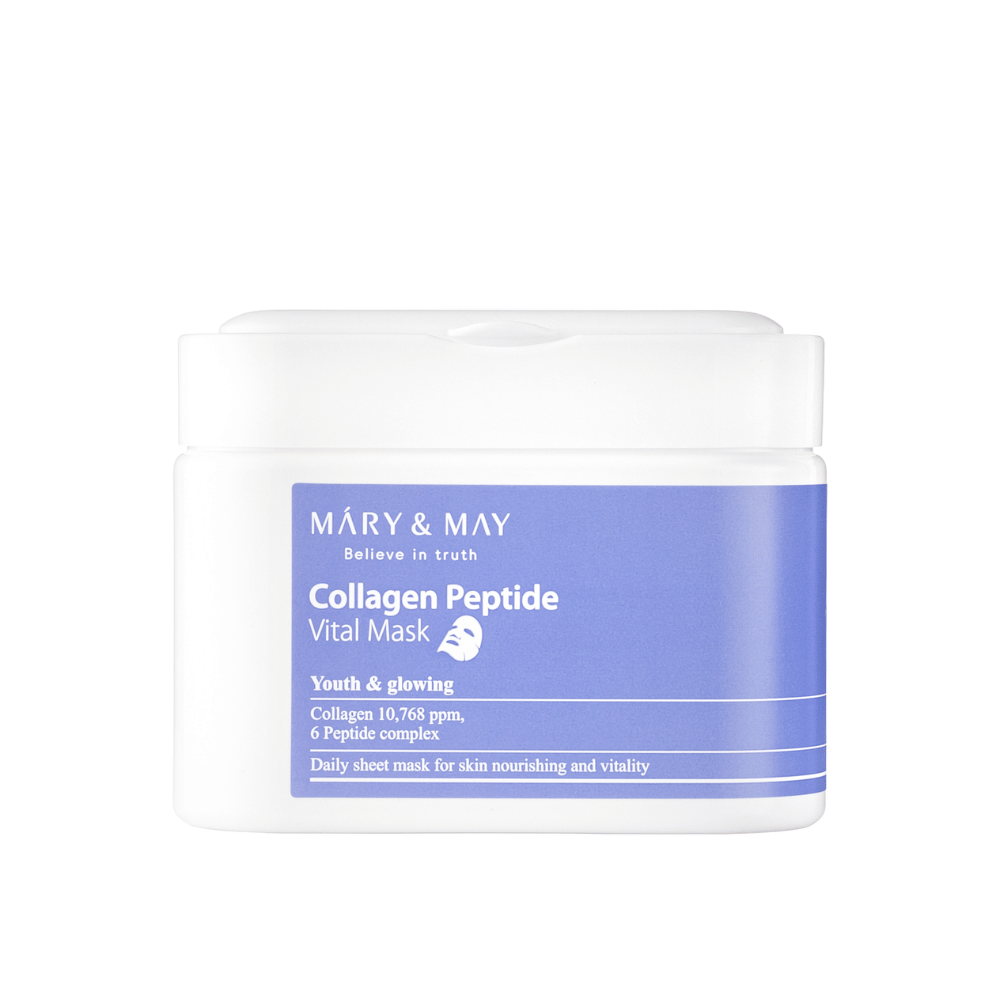 Collagen Peptide Vital Mask" de MARY & MAY en un frasco blanco y lila. El producto contiene 10,768 ppm de colágeno y un complejo de péptidos para nutrir y dar brillo a la piel. Esta mascarilla facial diaria está diseñada para proporcionar una piel juvenil y radiante.