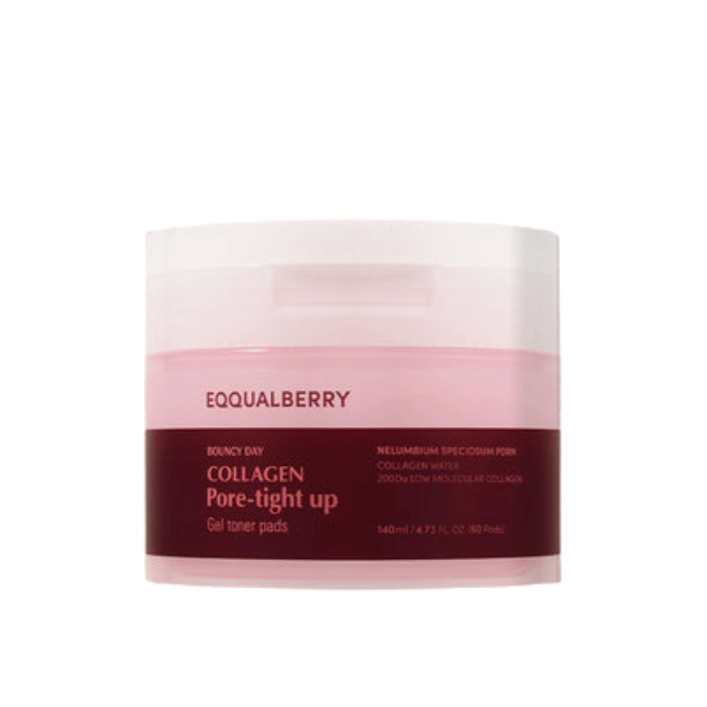 Un frasco de Bouncy Day Collagen Pore-Tight Up Gel Toner Pads. El frasco es rosa y rojo, y contiene 140 ml de producto que ayuda a reafirmar la piel y reducir el tamaño de los poros.