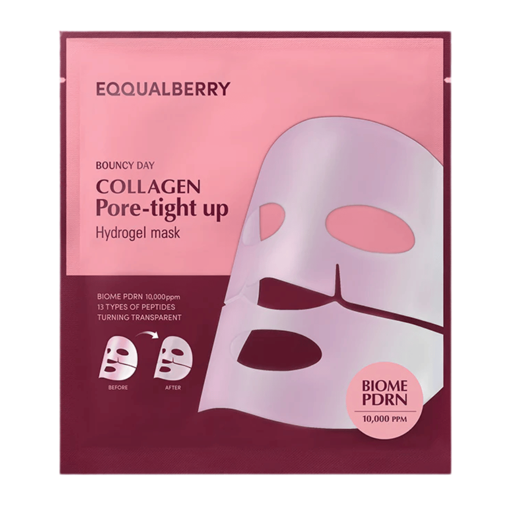 El empaque de Collagen Pore-tight Up Hydrogel Mask, una mascarilla facial con biome PDRN y 13 tipos de péptidos, se presenta en un empaque rosa con imágenes de antes y después de los efectos de la mascarilla.