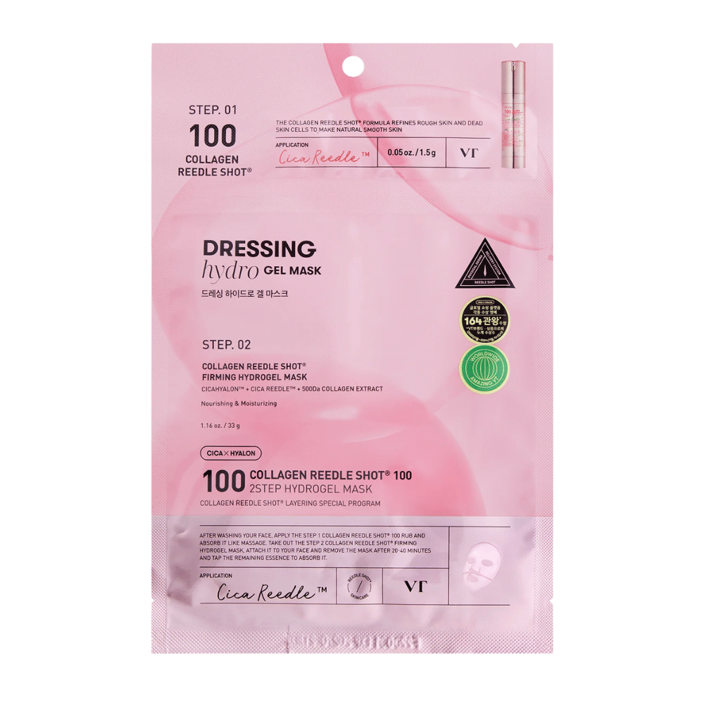 Empaque de VT Collagen Reedle Shot 100 2-Step Hydrogel Mask en diseño rosa. Muestra el paso 1 con Cica Reedle™ y el paso 2 con mascarilla de hidrogel reafirmante que contiene CICAHYALON™ y extracto de colágeno de 500Da.