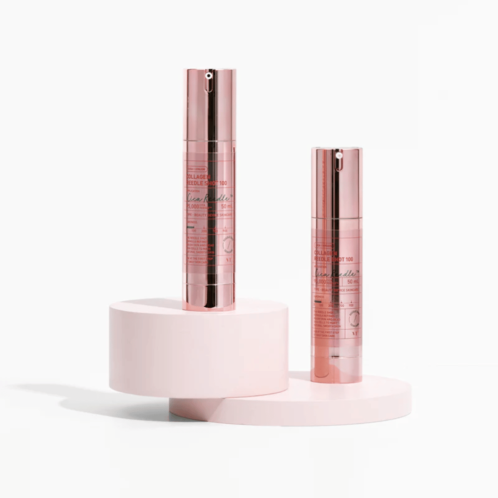 Dos botellas de VT Collagen Reedle Shot 100 en diseño rosa. Suero reafirmante con Cica y colágeno.