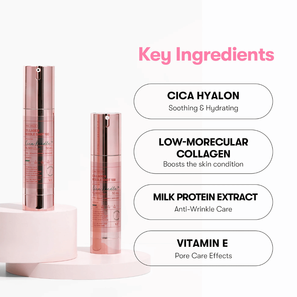 Primer plano de VT Collagen Reedle Shot 100 y sus ingredientes clave: Cica Hyalon, colágeno, proteína de leche y vitamina E.