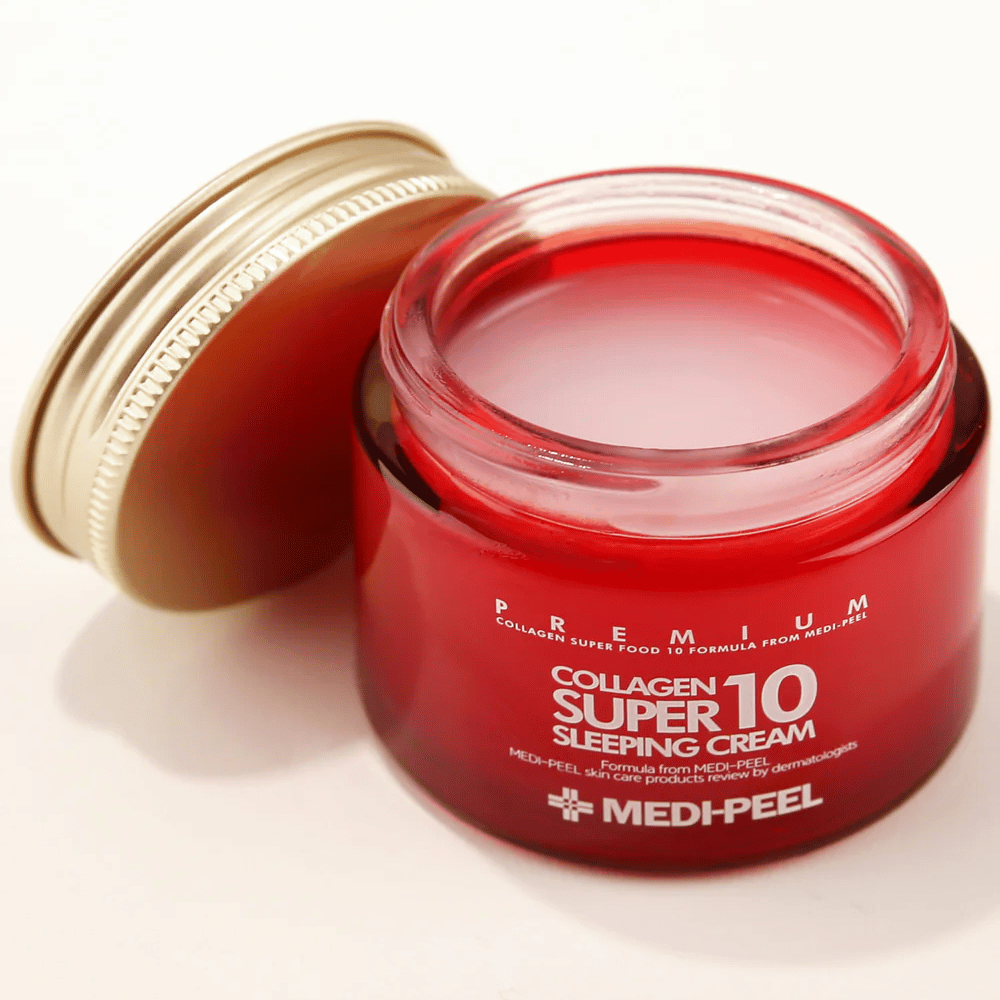 Primer plano de MEDI-PEEL Collagen Super 10 Sleeping Cream con textura de gel-crema que se absorbe durante la noche y proporciona hidratación intensa.