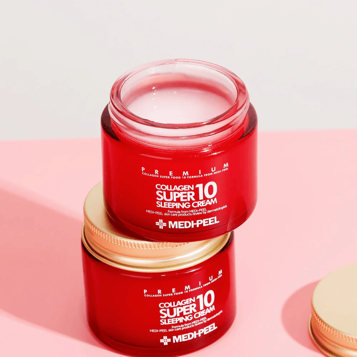 MEDI-PEEL Collagen Super 10 Sleeping Cream en envase premium – crema de noche intensamente hidratante con colágeno para una piel más firme y suave.