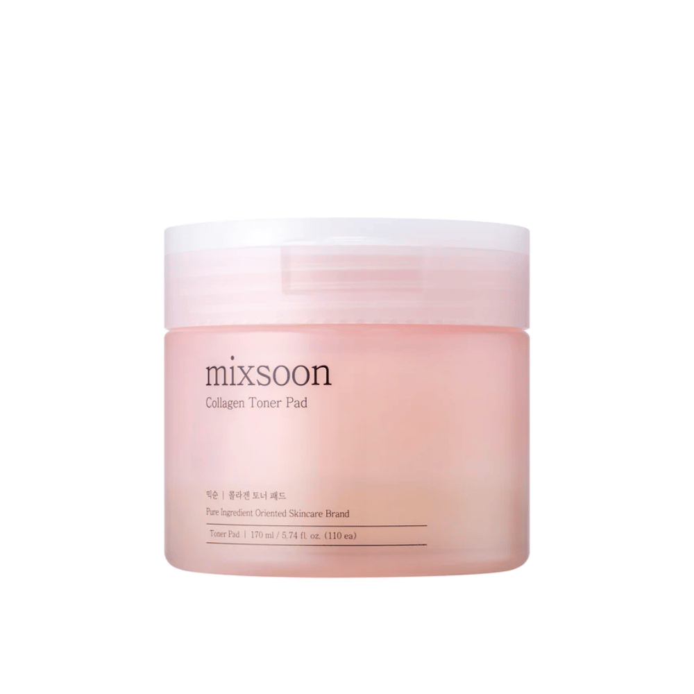 Mixsoon Collagen Toner Pad en un elegante tarro rosa con 110 almohadillas – tónico hidratante para el cuidado diario de la piel.