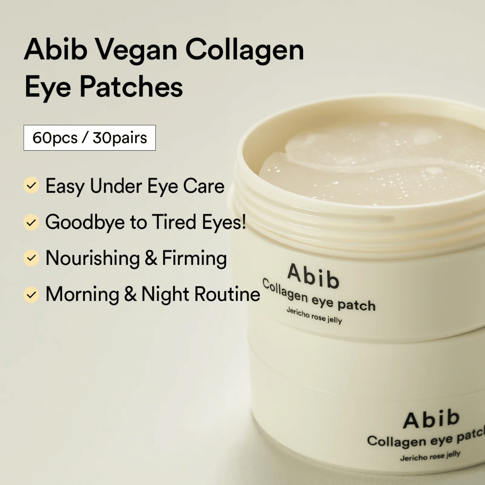 Abib Collagen Eye Patch Jericho Rose Jelly en un frasco abierto con parches para ojos visibles. El texto describe beneficios como cuidado fácil para ojos cansados, efecto reafirmante y uso por la mañana y noche. 60 piezas / 30 pares.