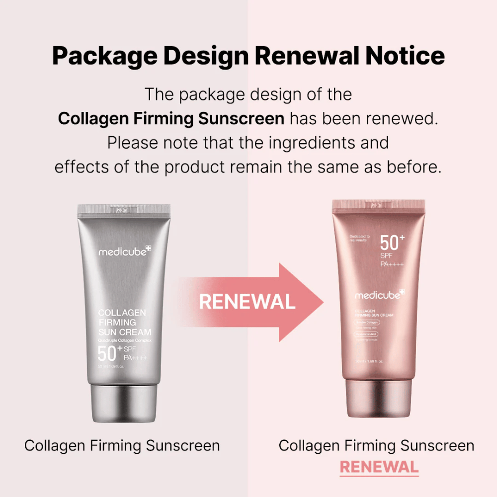 Medicube Collagen Firming Sunscreen tiene un nuevo diseño de empaque – de un tubo plateado a uno rosa dorado, con los mismos ingredientes y efecto que antes.