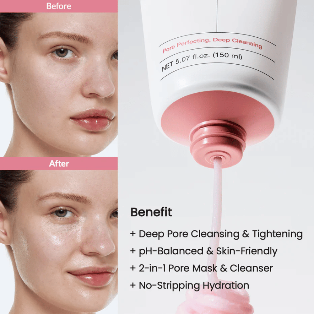 Imágenes de antes y después de la piel de una mujer con mejor brillo, y limpieza rosa vertida desde un tubo. El texto enumera beneficios como limpieza profunda de poros, fórmula equilibrada en pH, mascarilla y limpiador 2 en 1, y efecto hidratante.