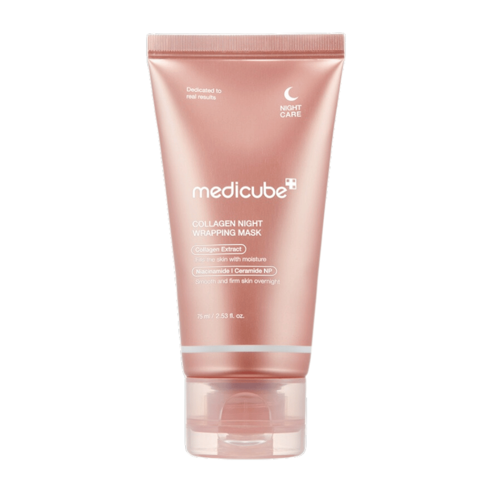 Medicube Collagen Night Wrapping Mask, una mascarilla nocturna con extracto de colágeno que hidrata y fortalece la piel durante la noche. Contiene niacinamida y ceramida NP para una piel más uniforme y firme. Contenido: 75 ml.