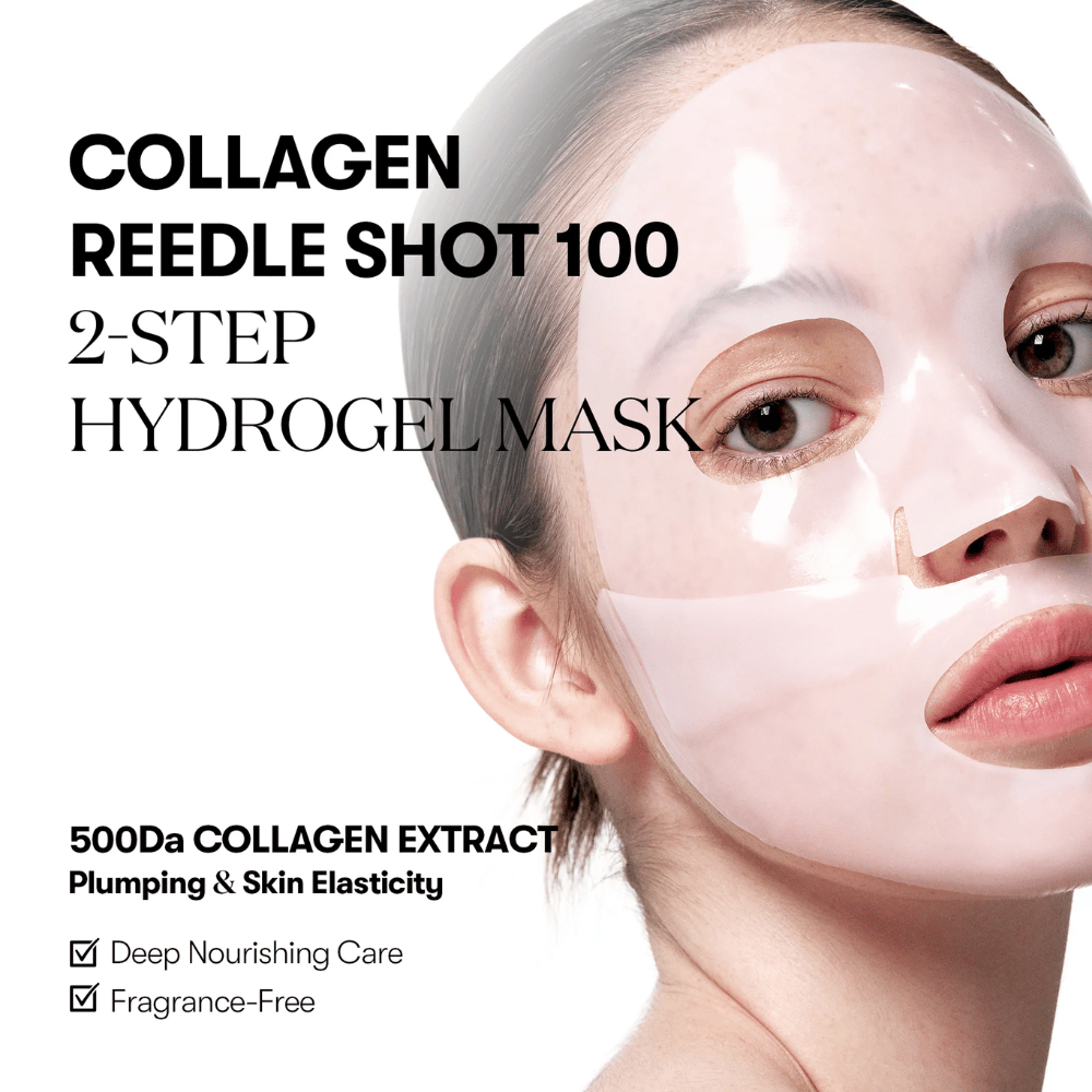 Primer plano de una mujer que lleva una mascarilla de hidrogel de 2 pasos transparente. El texto en la imagen promociona "Collagen Reedle Shot 100" con extracto de colágeno de 500Da para la elasticidad de la piel, además de que el producto es sin fragancia y proporciona nutrición profunda.