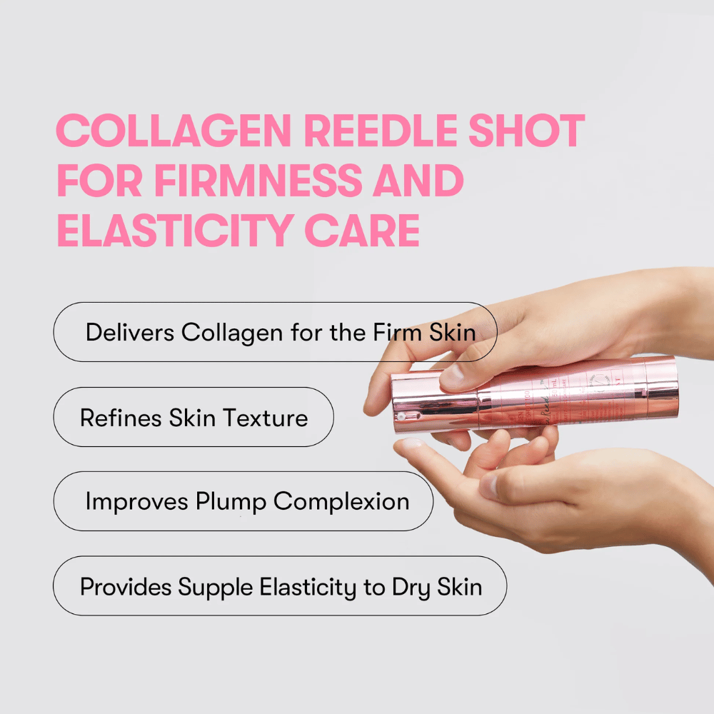 Persona sosteniendo VT Collagen Reedle Shot 100. El suero fortalece la firmeza de la piel, mejora la textura y proporciona una elasticidad completa.